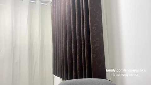 Media: Video of a modern bathroom featuring a tall, dark brown curtain with subtle floral patterns and a matching shower curtain. The backdrop is a plain white wall. Text watermark reads \"tananly.com/tanlybinka_instagram\" in the bottom right corner.