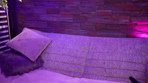 Media: Video of a modern, cozy living room with a textured, light gray couch, a beige throw pillow, and a faux fur throw. The background features a brick wall illuminated with purple and pink lights.