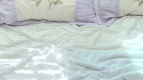 Media: A video of a neatly made bed with a light blue duvet cover featuring subtle floral patterns. The bedspread is smooth and pristine, resting on a white pillowcase. The room is well-lit, casting gentle shadows and highlighting the fabric textures.