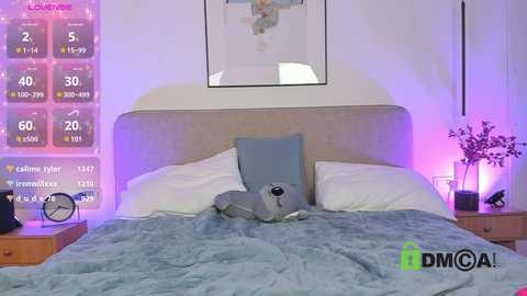 Media: Video of a modern bedroom with a grey dog on a bed, blue blanket, white pillows, and digital clock on a wooden nightstand.