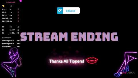 Media: A digital screenshot from a Twitch stream, featuring a black background with neon pink and purple outlines of a woman, the text \"Stream Ending,\" and \"Thanks All Tippers!\