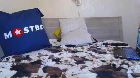 Media: A video of a bed with a blue pillow and a camouflage-patterned bedspread. A laptop and a black phone rest on the bed. The room's white walls and simple decor create a cozy, utilitarian ambiance.