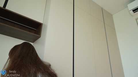 Media: Video of a woman with long, brown hair, facing away, in a room with off-white walls and a large, light-colored wardrobe. A dark wooden shelf and a small white air conditioner are visible.