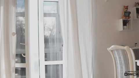 Media: Video of a bright, minimalist room with white French doors and sheer curtains. The background features a white wall with a small shelf holding a colorful toy.