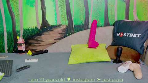 Media: Video of a colorful, vibrant bedroom with a forest mural, featuring a pink dildo on a pillow, a black dildo on the floor, and a \"HOTSEBT\" bag.