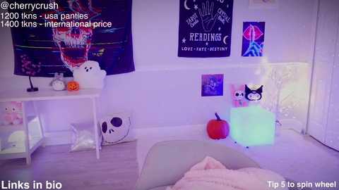 Media: Video of a cozy, pastel-themed bedroom with white walls, a white desk, and various plush toys, including a panda and a skeleton. The background features a starry night tapestry and a \"Best Readings\" sign.