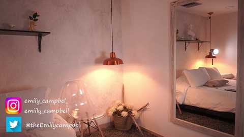 Media: Video of a cozy, modern bedroom with white walls, a glass chair, a red pendant lamp, a small plant, and a mirror reflecting the bed.