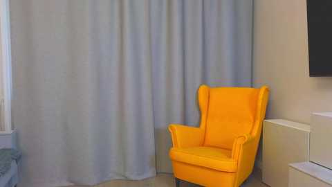 Media: Video of a bright yellow armchair with high backrest and padded seat, set against light gray curtains in a minimalist room with beige walls and a flat-screen TV mounted on the wall.