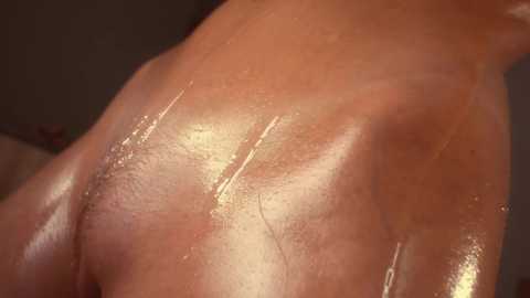 Media: A close-up video of an oiled, glistening, brown-skinned woman's back, featuring faint stretch marks and subtle muscle definition, in a dimly lit, possibly indoor setting.