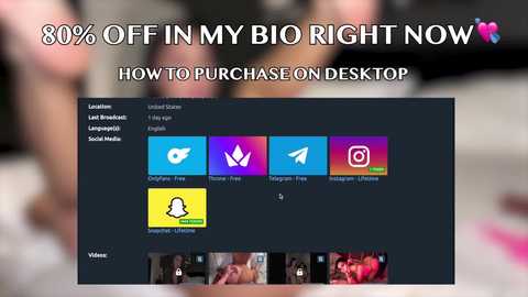 Media: A video of a laptop screen displaying a discount offer for a desktop, with blurred background. The screen shows icons for Skype, Twitter, Instagram, Facebook, and a phone.