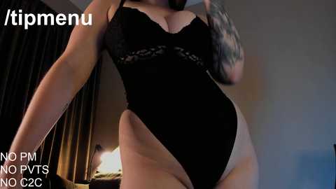 Media: Video of a fair-skinned woman in a black lace bra and high-cut underwear, showing off her tattooed arm, standing in a dimly lit room. Text reads \"NO FFM NO PTS NO 2C.\