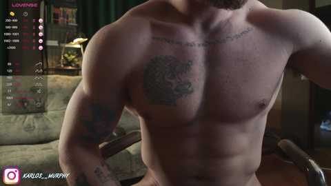 Media: Video of a shirtless, muscular man with a tattoo of a bird on his chest, sitting in a dimly lit living room with green curtains and bookshelves.