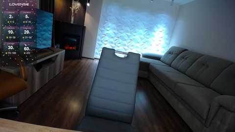 Media: Video of a modern living room with wooden floors, a gray sectional sofa, and a large screen TV displaying a weather forecast.