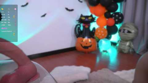 Media: Video of a Halloween-themed room with a white wall, black cat balloons, orange pumpkins, a jack-o'-lantern, and a mummy plush toy. The scene includes a person's hand holding a camera.