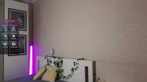 Media: Video of a modern, dimly lit room with beige walls, a white headboard, a plush beige pillow, and a purple neon light. Framed art and a potted plant are visible on the left side.