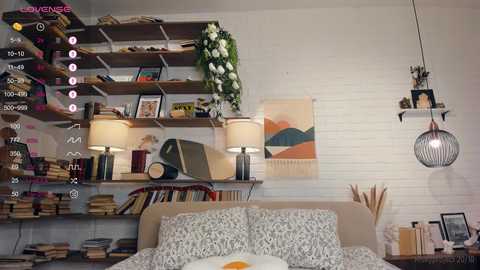 Media: Video of a cozy, well-organized bedroom with white brick wall, bookshelves, floral decor, modern lamps, and a neatly made bed with patterned bedding.