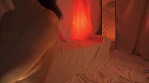 Media: Video of a dimly lit bathroom with a white bathtub partially filled with water, a glowing red light emanating from a cylindrical object, and a person's head visible in the background.