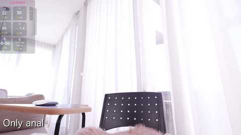 Media: Video of a minimalist living room with white curtains, a black chair with a fur throw, a wooden table, and a digital display showing \"Only anal\" in the corner.