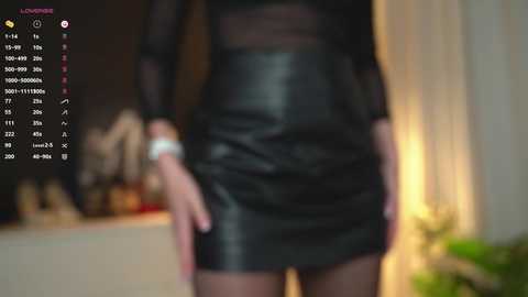 Media: Video of a slender, fair-skinned woman wearing a tight, black leather mini dress with a sheer top, standing in a softly lit room. Background includes a blurred table and plant.