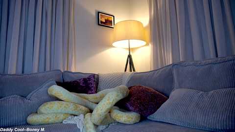 Media: Video of a cozy living room with a plush light gray couch, a pile of yellow and white striped sausages, a purple velvet pillow, and a lamp with a beige shade casting a warm glow.