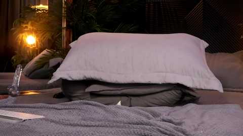 Media: Video of a cozy bed with a white pillow partially covering a person's face, a beige blanket, and a glass of water on a nightstand, dimly lit with a warm lamp and greenery in the background.