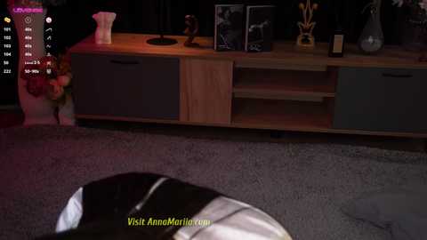 Media: Video of a dimly lit living room with a wooden console table, decorative items, and a woman's leg partially visible in the foreground.