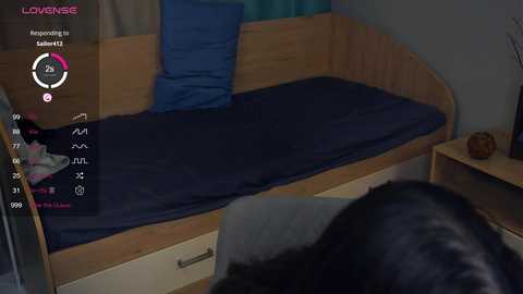 Media: A video of a dark-haired man lying on a blue bed with wooden headboard in a dimly-lit bedroom. The image is overlaid with a game HUD displaying health, stamina, and experience bars.