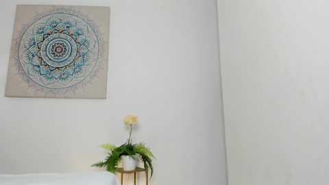 Media: A minimalist video of a cream-colored wall with a detailed mandala tapestry and a small potted plant with ferns and a yellow flower on a wooden stand.