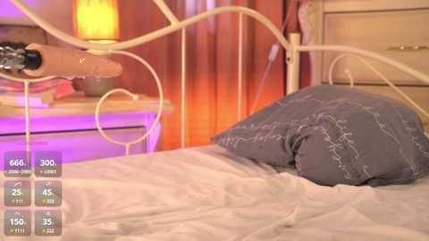 Media: Video of a cozy bedroom with a white metal bed frame, a gray pillow, and a soft, warm light coming from a lamp on a wooden nightstand.