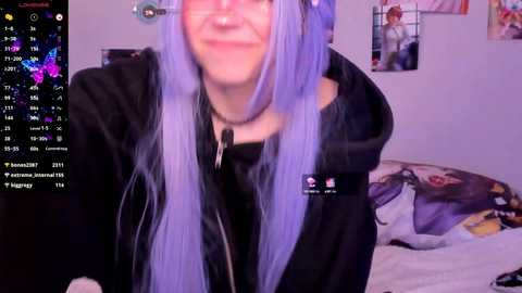 Media: A video of a smiling person with long, lavender hair wearing a black hoodie, sitting on a bed with a purple pillow. Background includes a wall with posters and a digital display showing social media activity.