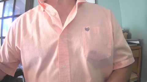 Media: Video of a man wearing a light pink checkered button-up shirt with a small fox emblem on the pocket. Background shows a teal wall, a wooden dresser, and a glass door.