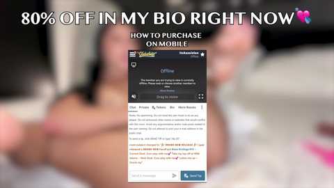 Media: A blurry video features a person lying on a bed, with text overlaying the image reading \"80% OFF IN MY BIO RIGHT NOW.\" The background is indistinct, and the phone screen is visible with an app open.