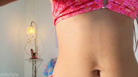 Media: Video of a close-up view of a woman's bare midriff, wearing a pink tie-dye crop top, standing against a white wall with a lamp and a colorful decorative item in the background.