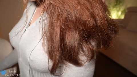 Media: Video of a woman with long, wavy, reddish-brown hair in a light gray, ribbed sweater, slightly cropped to her shoulders. Background shows a blurred, indoor setting with natural light.