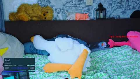 Media: Video of a messy bedroom with a stuffed white penguin, a stuffed bear, and a pink elephant on a green patterned bedspread. A black lantern and a pink pillow are visible in the background.