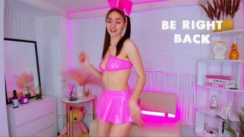 Media: Video of a young, slender woman with light skin and long brown hair, wearing a pink bunny costume, smiling in a brightly lit, pink-themed room with neon signs, shelves, and a plush bear.