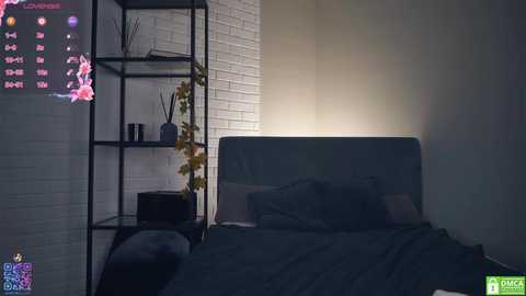 Media: A video of a modern, dimly-lit bedroom with a dark gray bed, white brick wall, and black metal shelf holding a plant, black pot, and books.