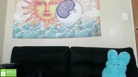 Media: Video of a beige wall with a colorful, surreal painting of a sun and moon with waves, and a black couch with a blue plush bunny.