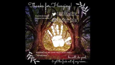 Media: A digital artwork featuring a handprint in the forest, with text thanking people for hanging in there, mentioning Twitter handles, and encouraging being well and doing good.