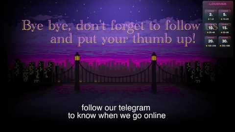 Media: A digital image features a serene, purple-sky sunset background with a bridge. Text reads: \"Bye bye, don't forget to follow and put your thumb up!\" followed by \"follow our telegram to know when we go online.\