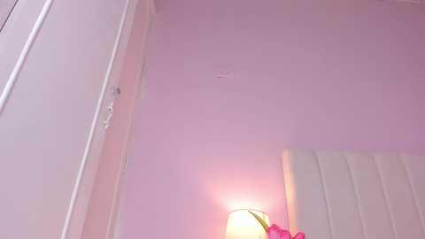 Media: Video of a pastel-pink room with a white headboard, featuring a bedside lamp with a white lampshade and a pink flower, emitting a soft glow.