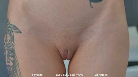 Media: Video of a woman's lower torso, showing her shaved vulva and tattooed thigh. Background is blurred, focusing on her skin texture and tattoos.