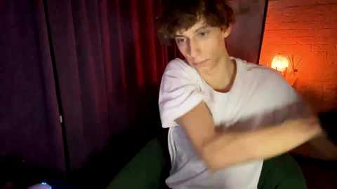 Media: Video of a young man with curly hair, wearing a white t-shirt, sitting in dim lighting, with red and purple curtains in the background.