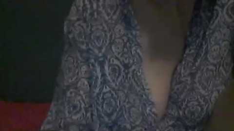 Media: A video of a person wearing a blue and white floral-patterned dress, with a deep V-neckline, partially visible. The background is blurred, featuring dark and muted colors, suggesting an indoor setting. The focus is on the intricate lace texture of the dress.