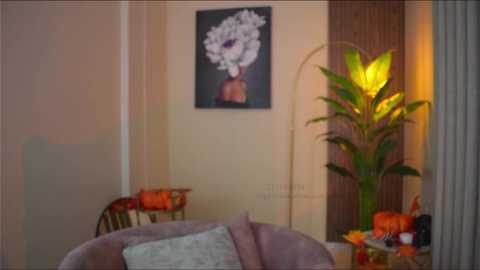 Media: Video of a cozy, softly lit living room with a large green plant, an orange chair, and a floral painting on beige walls.