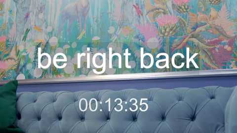 Media: Video of a living room with a vibrant, colorful floral wallpaper and a light blue, tufted sofa. Text overlay reads \"be right back\" and \"00:13:35.\