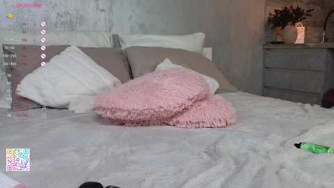 Media: Video of a cozy bedroom with a gray headboard, a fluffy pink throw pillow, and a white pillow, a nightstand with a plant, and a gray dresser in the background.