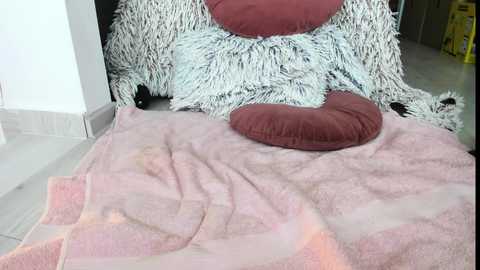 Media: Video of a plush dog bed with a soft, pink blanket and a red cushion, placed on a white tiled floor in a modern, minimalist room.