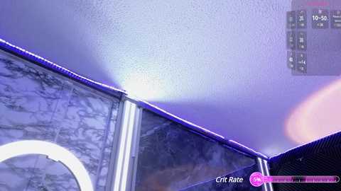 Media: A video of a ceiling with a circular light fixture, a purple wall with a marble-like texture, and a digital clock displaying 10:05 AM in the top right corner.