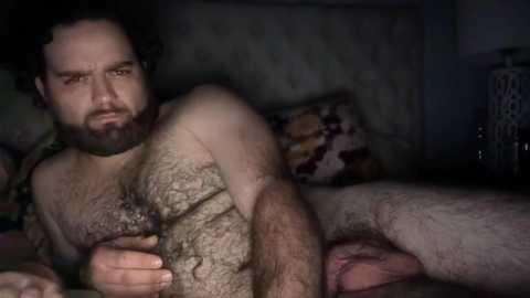 Media: Video of a muscular, hairy, bearded man with a large penis lying on a bed, covered in a patterned blanket.